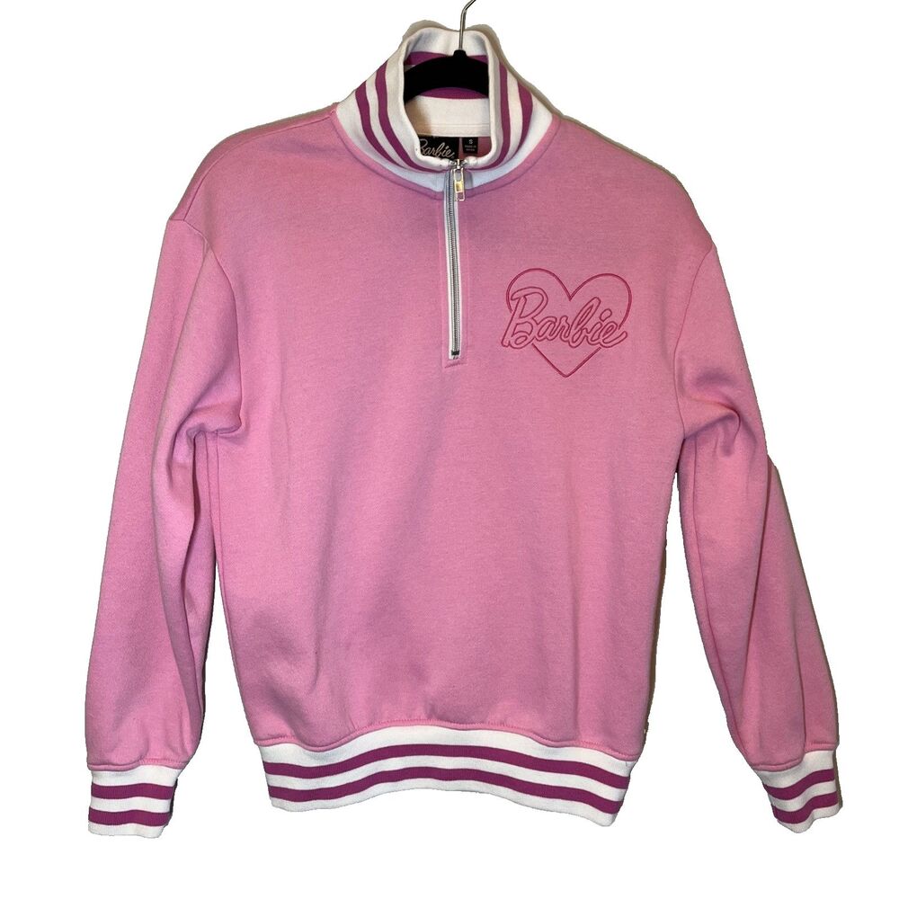 Barbie Sweatshirt Womens Size S Pink White Logo Barbie Movie Quarter Zip